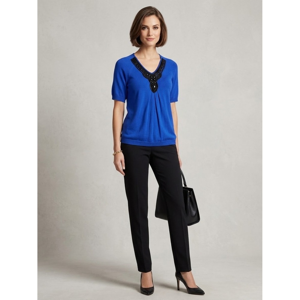 St. John Nordstrom Royal Blue Beaded V-Neck Knit Top Short Sleeve Sz M PF10 GRP3